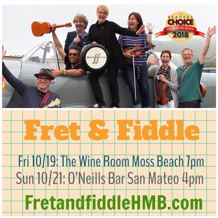 Fret and Fiddle Show poster Oct 2018 Wine Room in Moss Beach and Oneills in San Mateo, CA